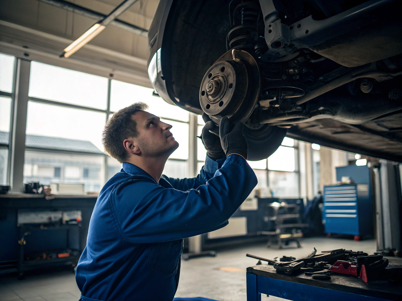 Mechanic inspecting brake rotor and tire tread