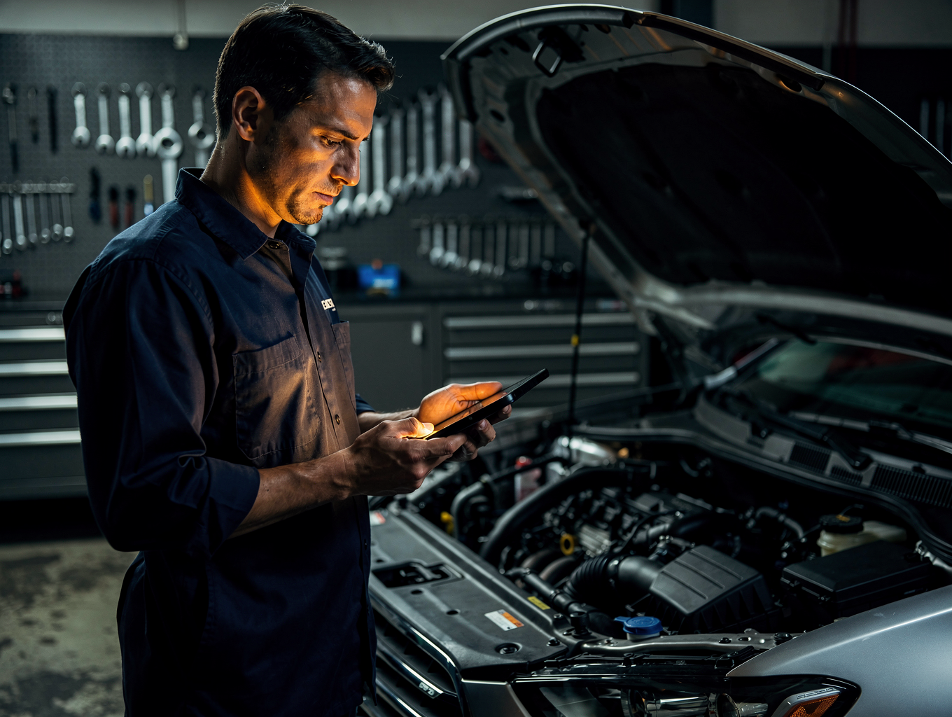 Technician using diagnostic tablet on engine bay