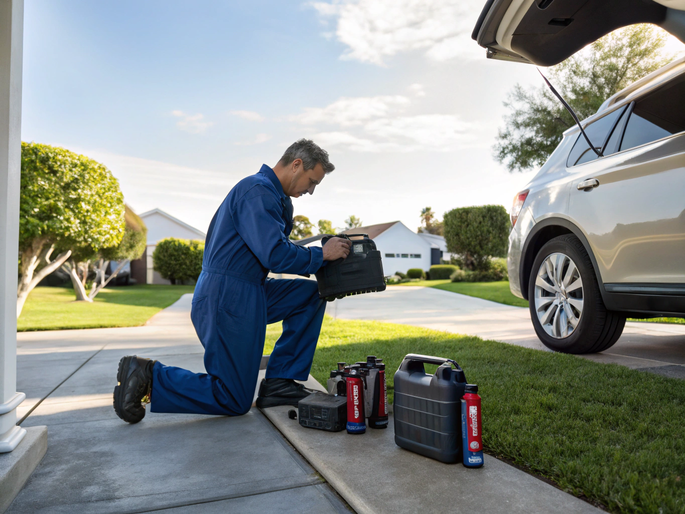 Technician performing oil change at customer driveway